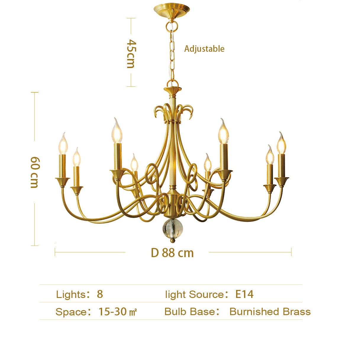 Candle Light Chandelier|Farmhouse Ceiling Fixtures|Natural Brass E14 Adjustable Length-MEET LIGHTING