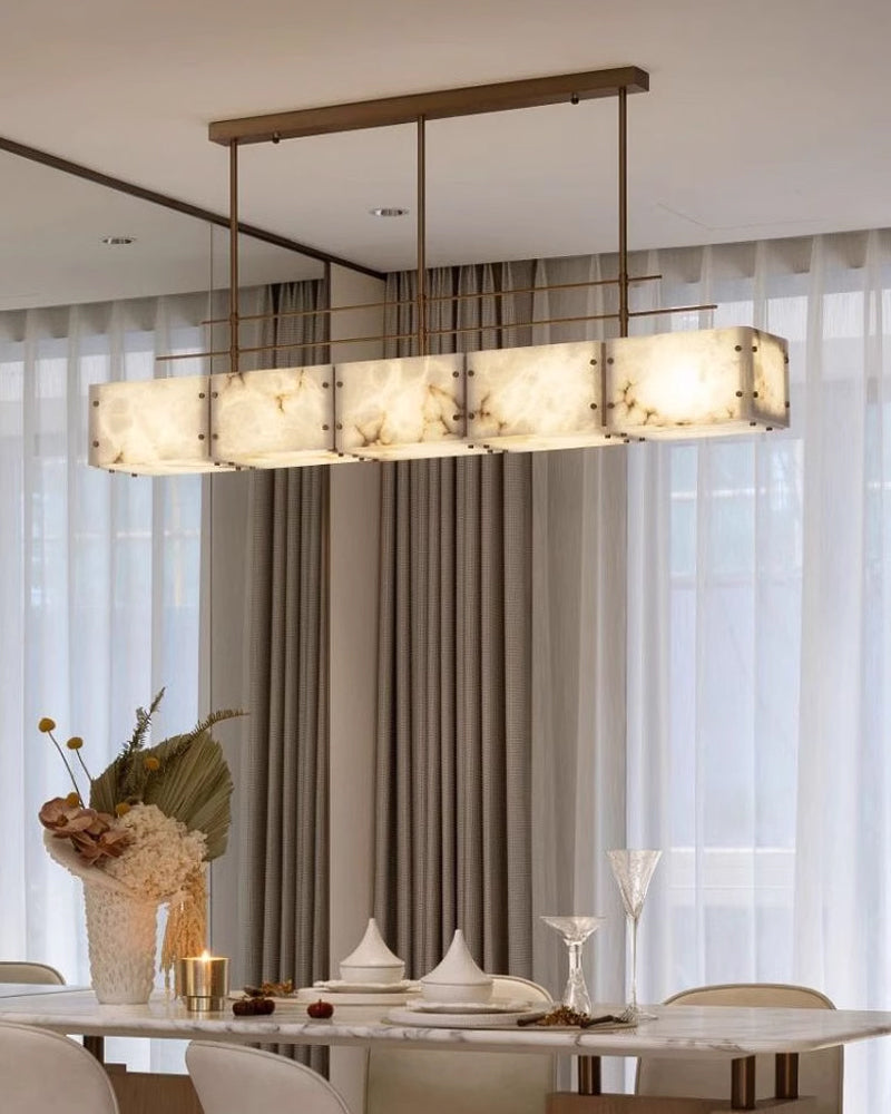 Vintage Alabaster & Gold Long Chandelier 48“60”71" with Metal Rod