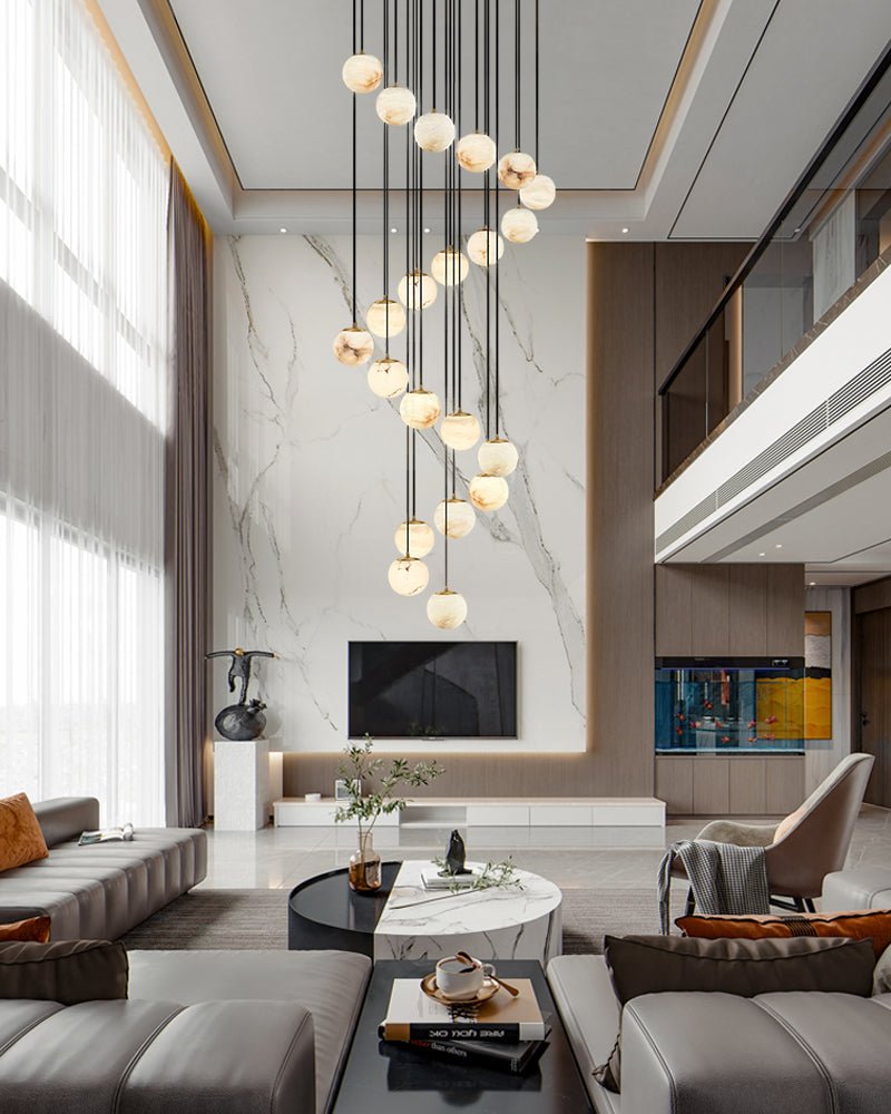 16-light round alabaster pendant lamp with cluster ceiling design for stair villa
