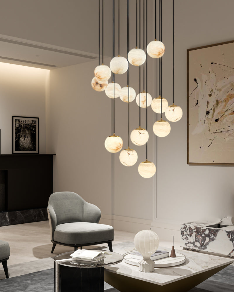 16-light round alabaster pendant lamp with cluster ceiling design for stair villa