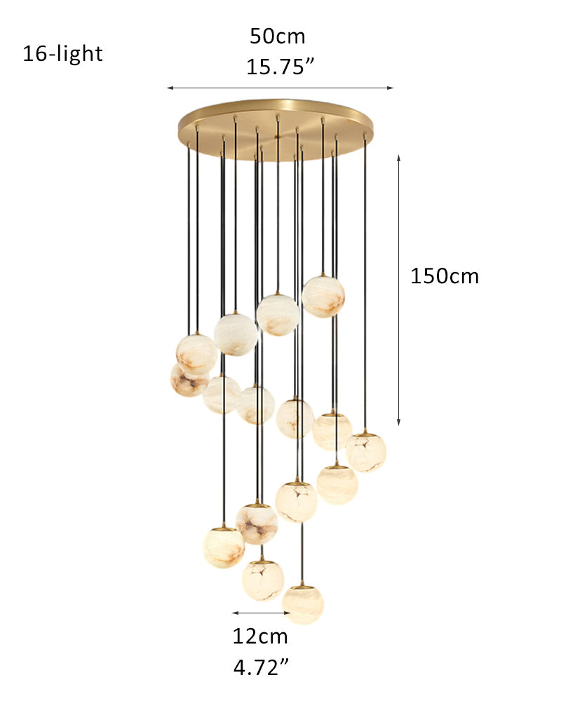 16-light round alabaster pendant lamp with cluster ceiling design for stair villa