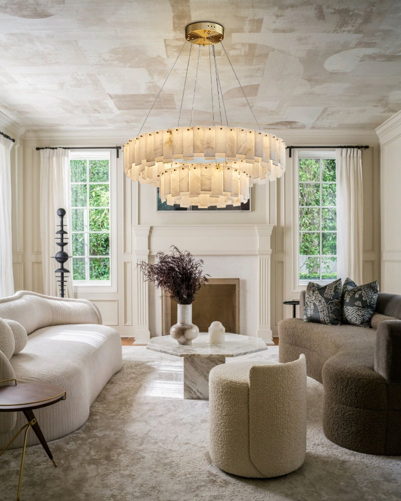 2-Tier Round Alabaster Chandelier in Brass with high ceiling home decor