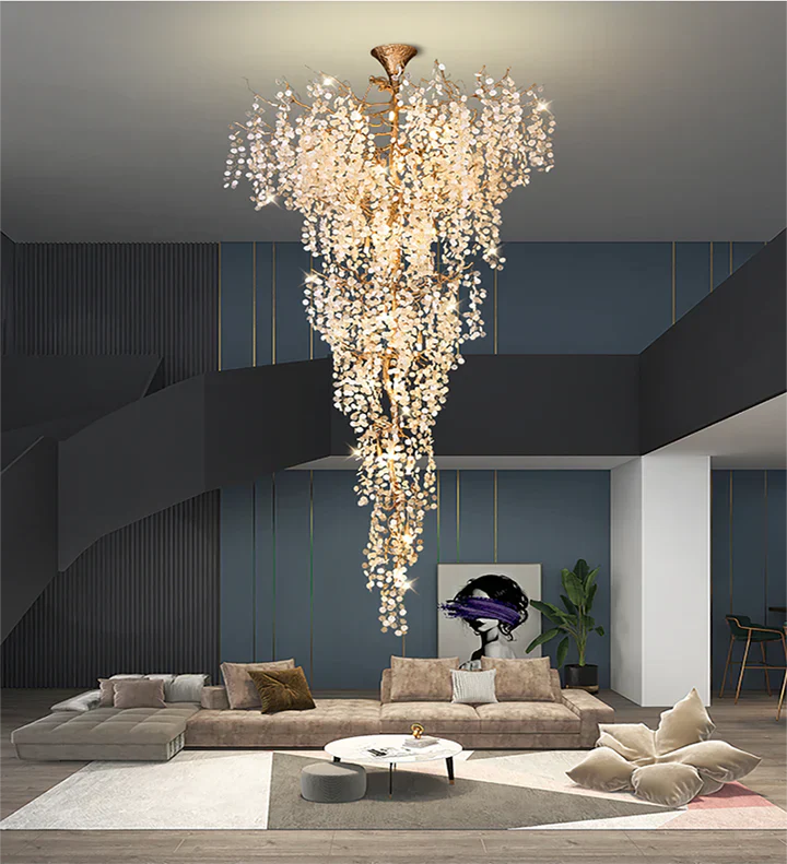 Modern Unique Artistic Flower Brass Branch Semi-flush Mount Chandelier for Living Room/ Hallway/ Entryway/ Staircase-MEET LIGHTING