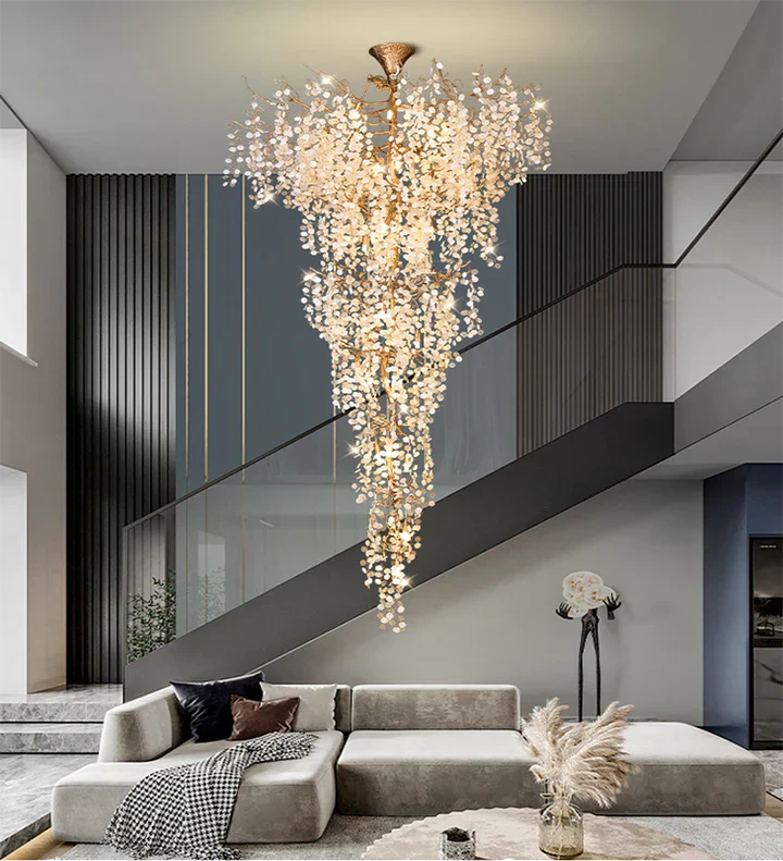 Modern Unique Artistic Flower Brass Branch Semi-flush Mount Chandelier for Living Room/ Hallway/ Entryway/ Staircase-MEET LIGHTING