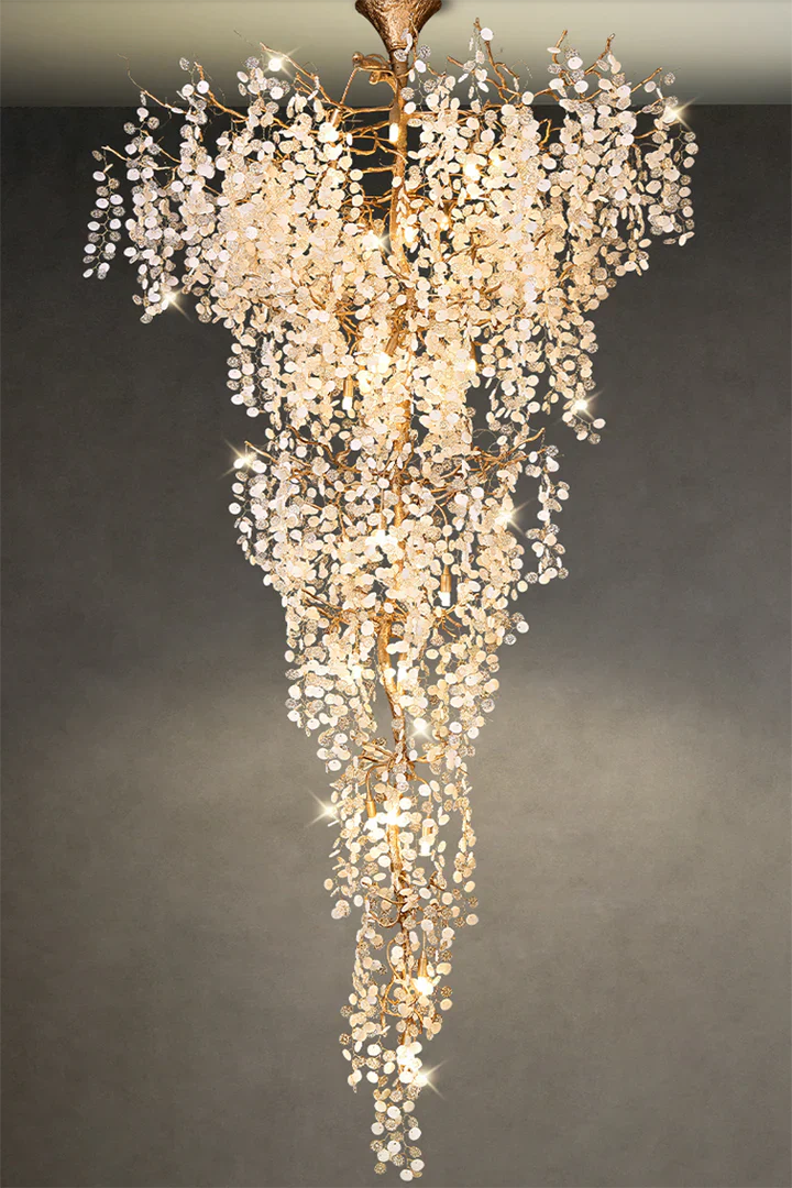 Modern Unique Artistic Flower Brass Branch Semi-flush Mount Chandelier for Living Room/ Hallway/ Entryway/ Staircase-MEET LIGHTING