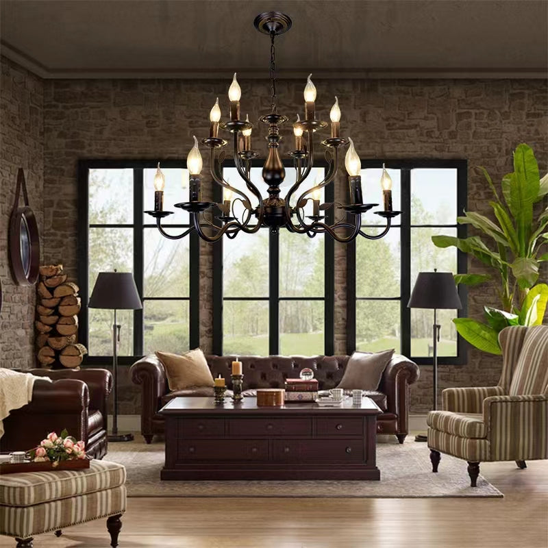 Multi Layer Iron Chandelier with Electronic Candles in Vintage Country Style for Living Room Cafe and Study-MEET LIGHTING