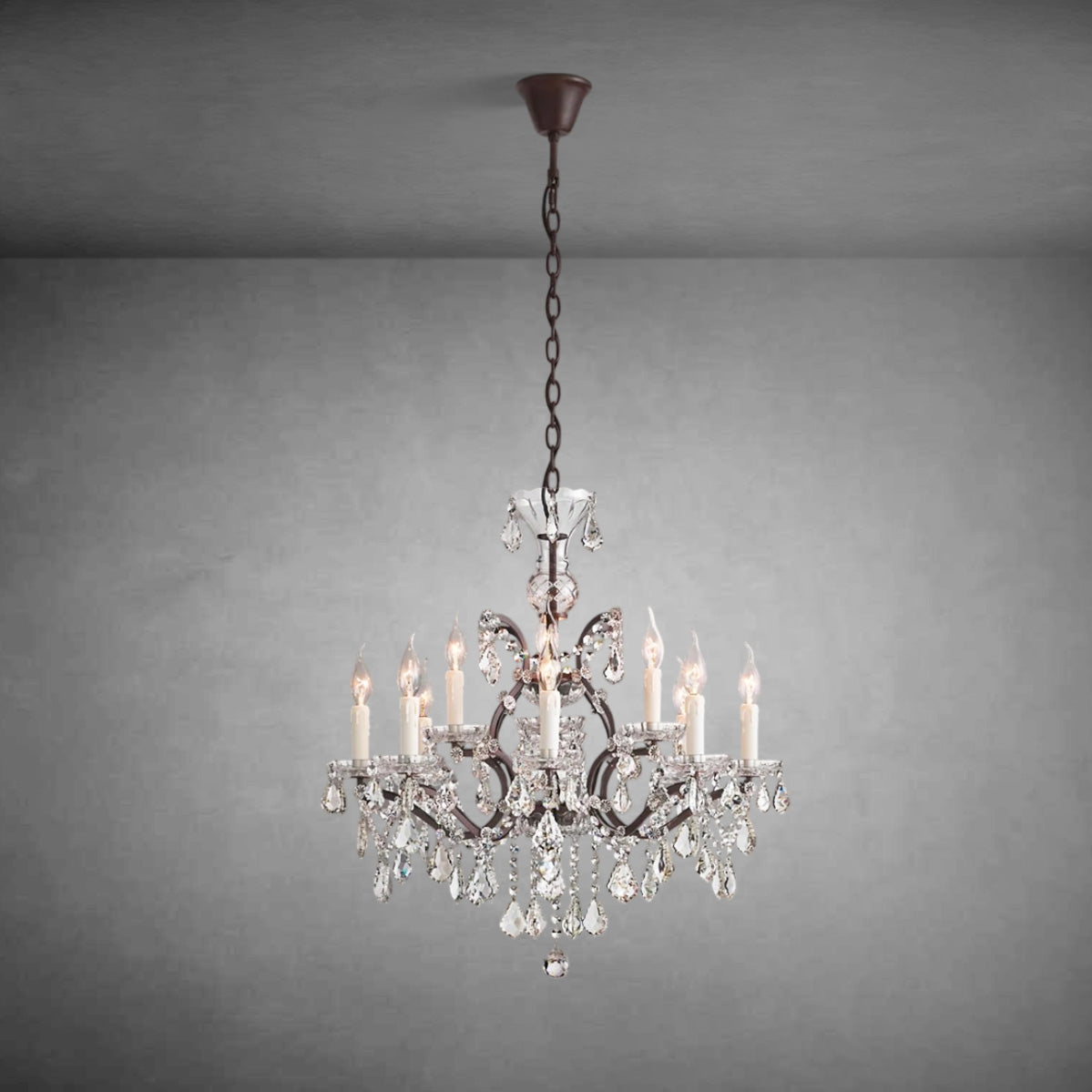 Rococo Iron & Crystal Round Chandelier 28" with Antiqued Brass Finish