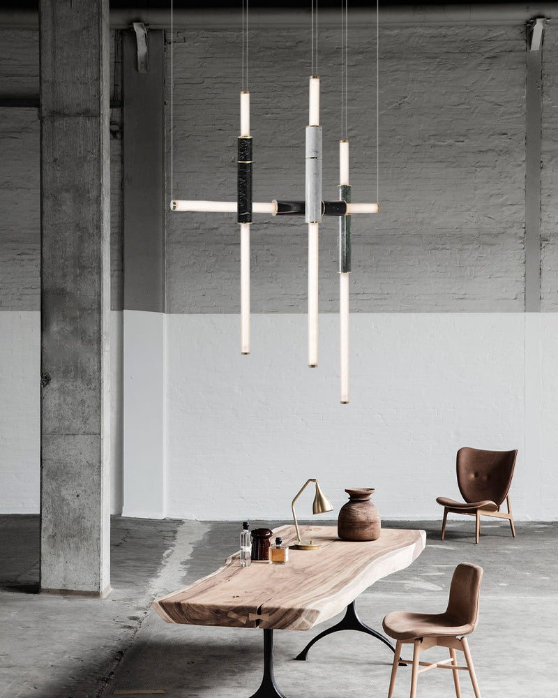 Slim Alabaster Linear Pipe Pendant Light - Silver, Green & Black - suspended vertically & horizontally