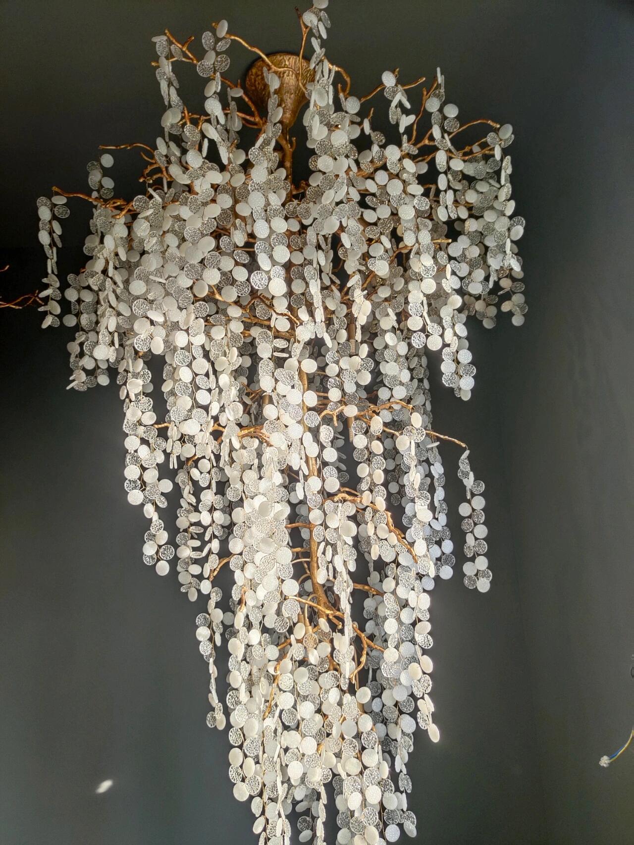 Modern Unique Artistic Flower Brass Branch Semi-flush Mount Chandelier for Living Room/ Hallway/ Entryway/ Staircase-MEET LIGHTING