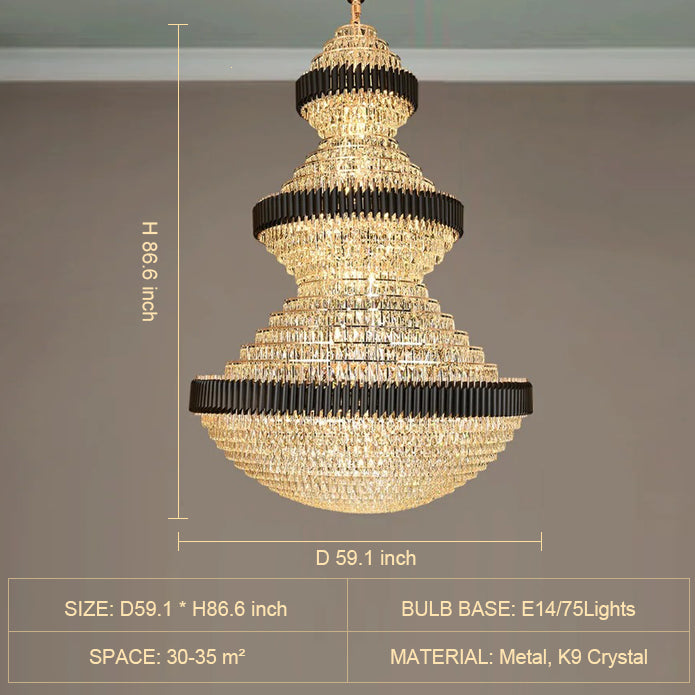 Golden Era Grand Fountain Crystal Chandelier with Black Tube for Staircase/Foyer/High-ceiling-MEET LIGHTING