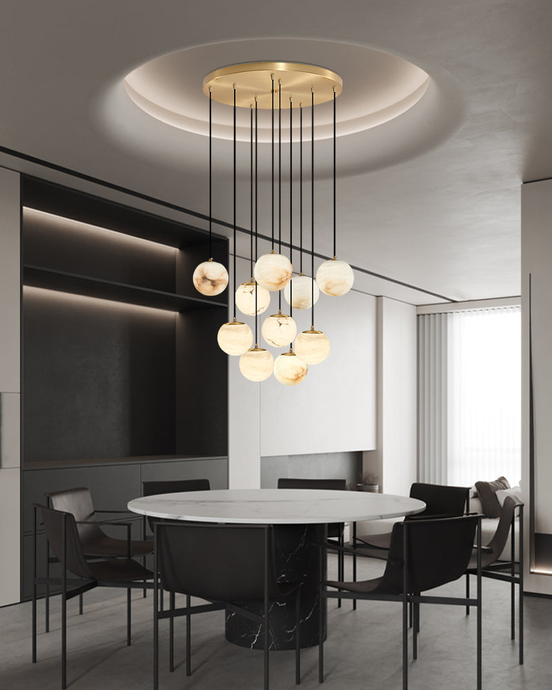 16-light round alabaster pendant lamp with cluster ceiling design for stair villa