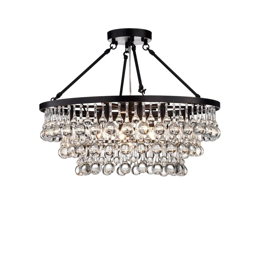 Black Finish Iron Semi Flush Mount Light Fixture Round Crystal Drops Ceiling Chandelier For Living Room-MEET LIGHTING