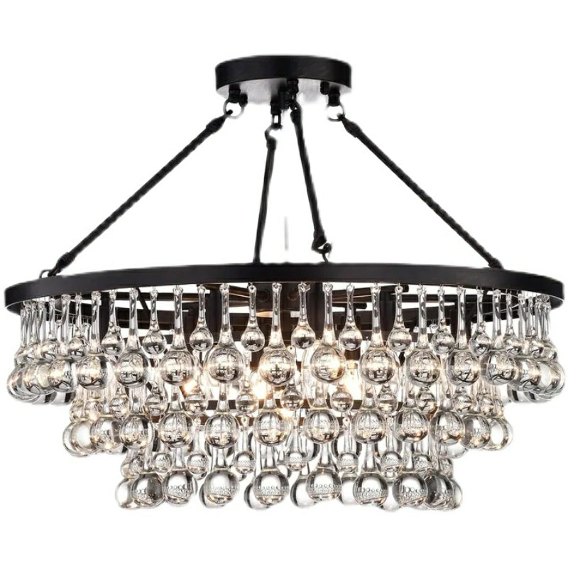 Black Finish Iron Semi Flush Mount Light Fixture Round Crystal Drops Ceiling Chandelier For Living Room-MEET LIGHTING