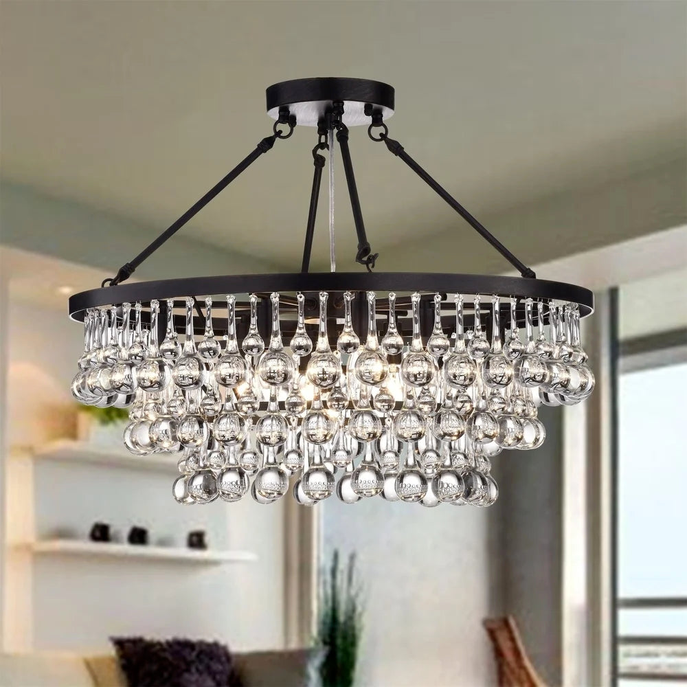 Black Finish Iron Semi Flush Mount Light Fixture Round Crystal Drops Ceiling Chandelier For Living Room-MEET LIGHTING