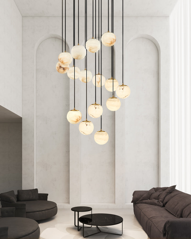 16-light round alabaster pendant lamp with cluster ceiling design for stair villa