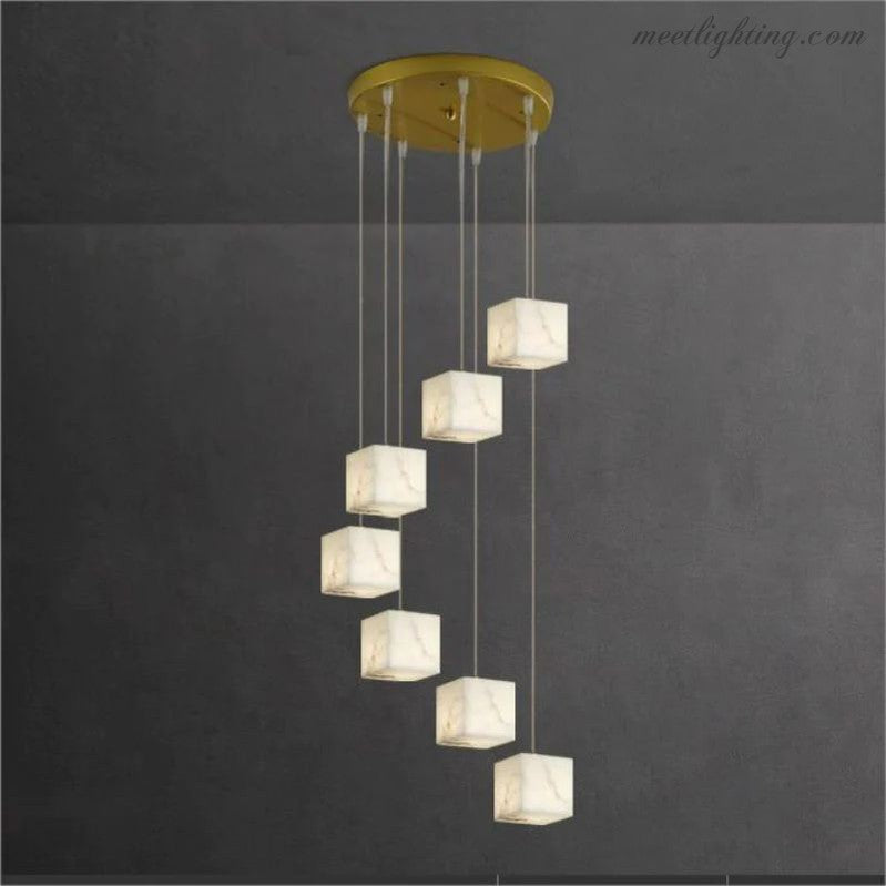 Alabaster Cubic Foyer Staircase Long Chandelier-MEET LIGHTING
