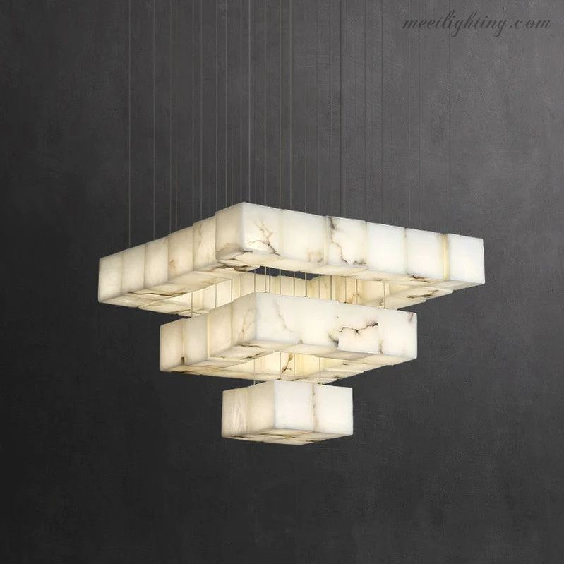 Alabaster Cubic Foyer Staircase Long Chandelier-MEET LIGHTING