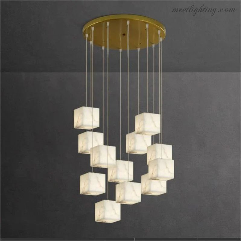 Alabaster Cubic Foyer Staircase Long Chandelier-MEET LIGHTING