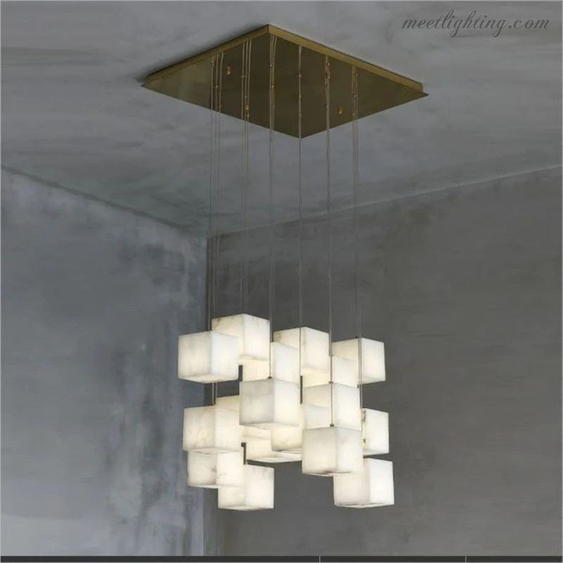 Alabaster Cubic Foyer Staircase Long Chandelier-MEET LIGHTING