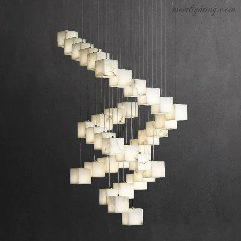 Alabaster Cubic Foyer Staircase Long Chandelier-MEET LIGHTING