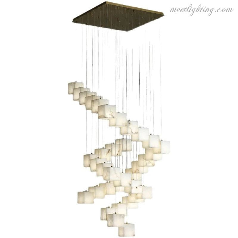 Alabaster Cubic Foyer Staircase Long Chandelier-MEET LIGHTING