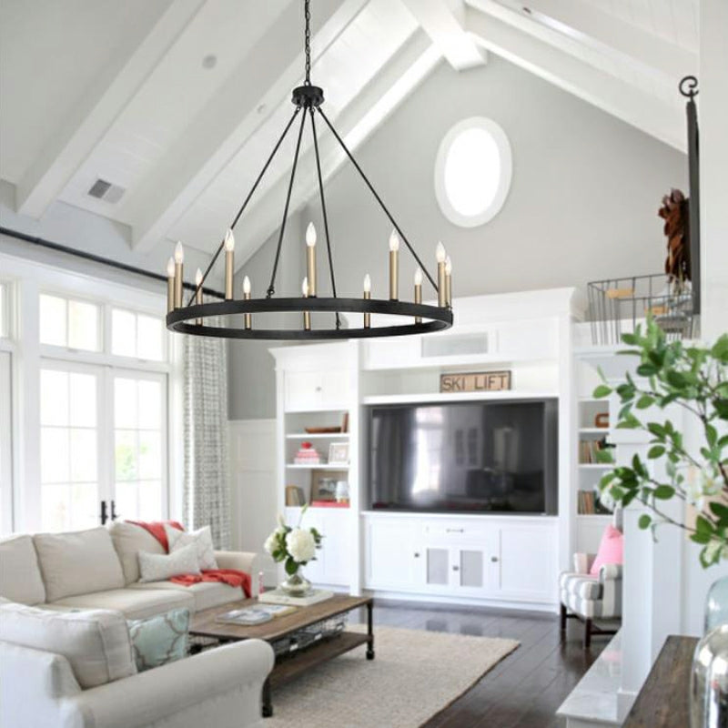 Black/ Brass Dust Wagon Wheel Chandelier Candle Style Farmhouse Vintage Ceiling Light For Living Room-MEET LIGHTING
