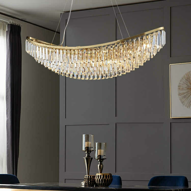 Boat Shaped LED Crystal Chandelier Oval Ceiling Light Fixture For Living/ Dining Room Table In Brass Finish-MEET LIGHTING