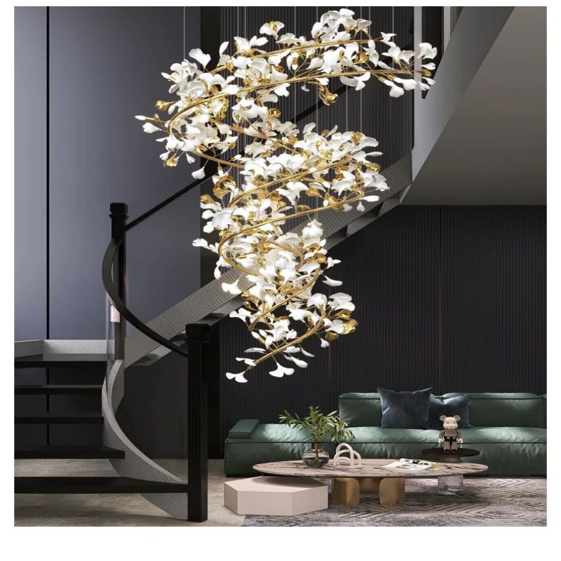 Ceramic Ginkgo Cascading B (Spiral) Branch Chandelier-MEET LIGHTING