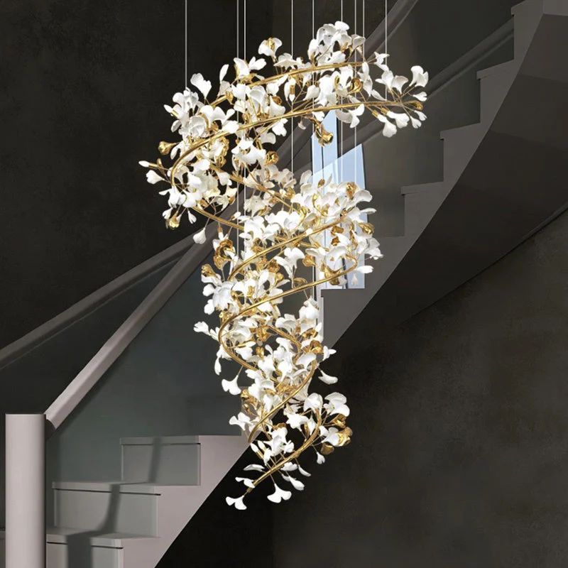 Ceramic Ginkgo Cascading B (Spiral) Branch Chandelier-MEET LIGHTING