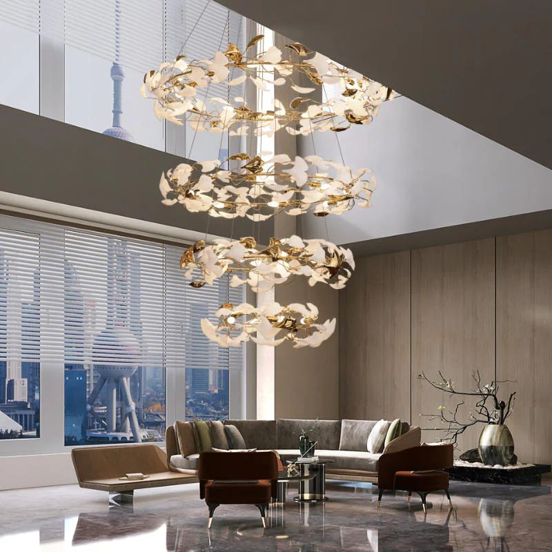 Ceramic Ginkgo Rings Linear Branch Chandelier-MEET LIGHTING