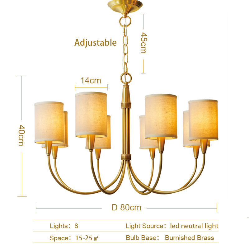 Brass Chandelier|Mid Century Ceiling Fixtures Light|Fabric Shades Adjustable Chain Pendant-MEET LIGHTING