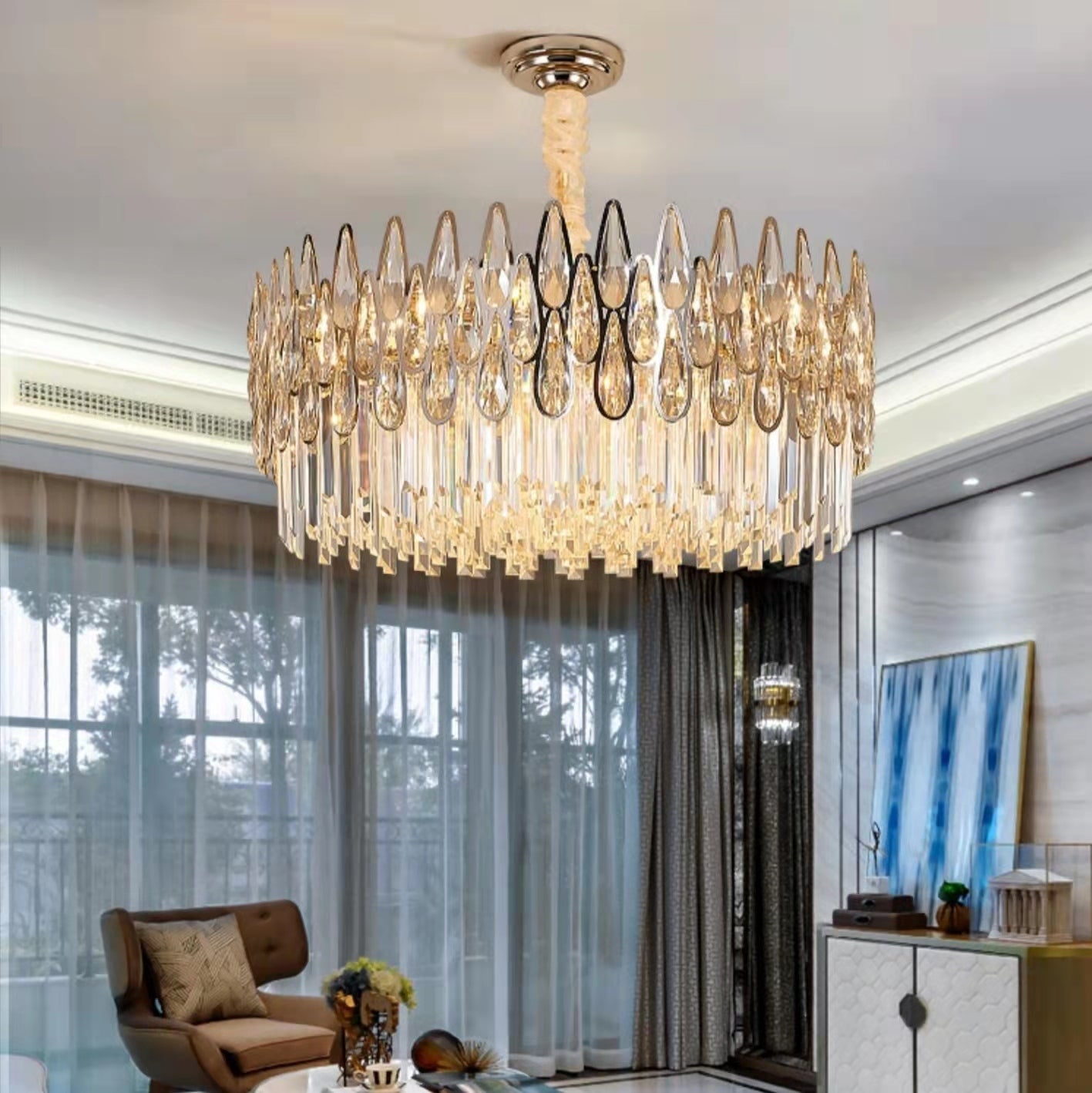 Modern Round/Rectangular Raindrop Crystal Chandelier for Low-ceiling-MEET LIGHTING