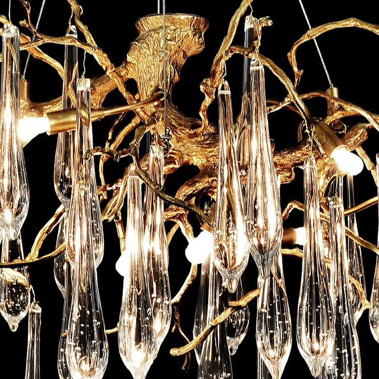 French Style Living Room Branch Crystal Drops Chandelier Modern Copper Gold Finish Dining Room Ceiling Lighting Fixture-MEET LIGHTING