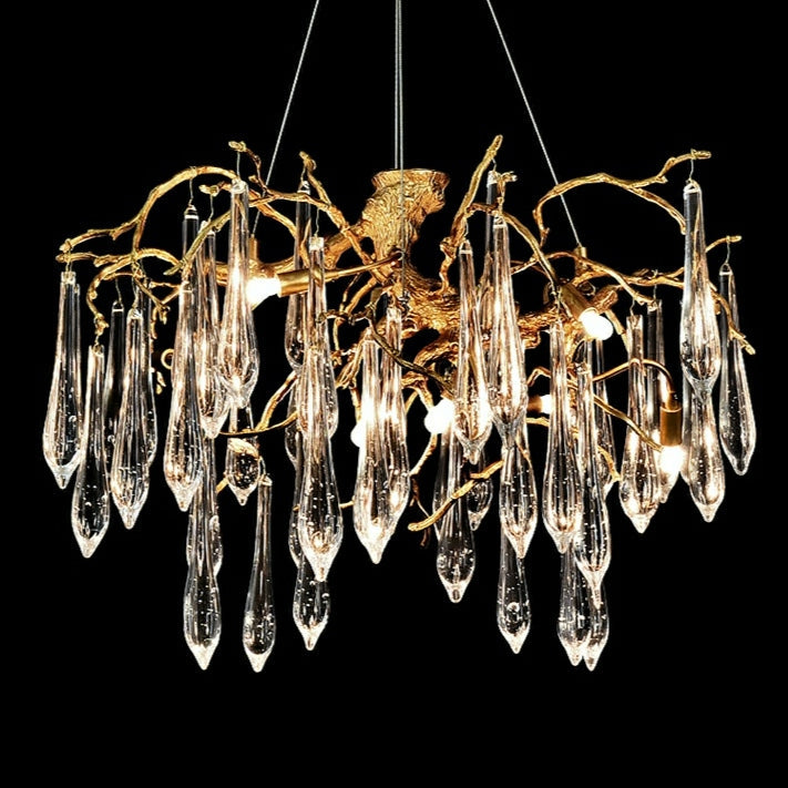 French Style Living Room Branch Crystal Drops Chandelier Modern Copper Gold Finish Dining Room Ceiling Lighting Fixture-MEET LIGHTING