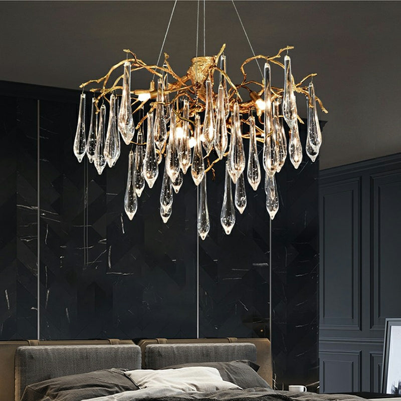 French Style Living Room Branch Crystal Drops Chandelier Modern Copper Gold Finish Dining Room Ceiling Lighting Fixture-MEET LIGHTING