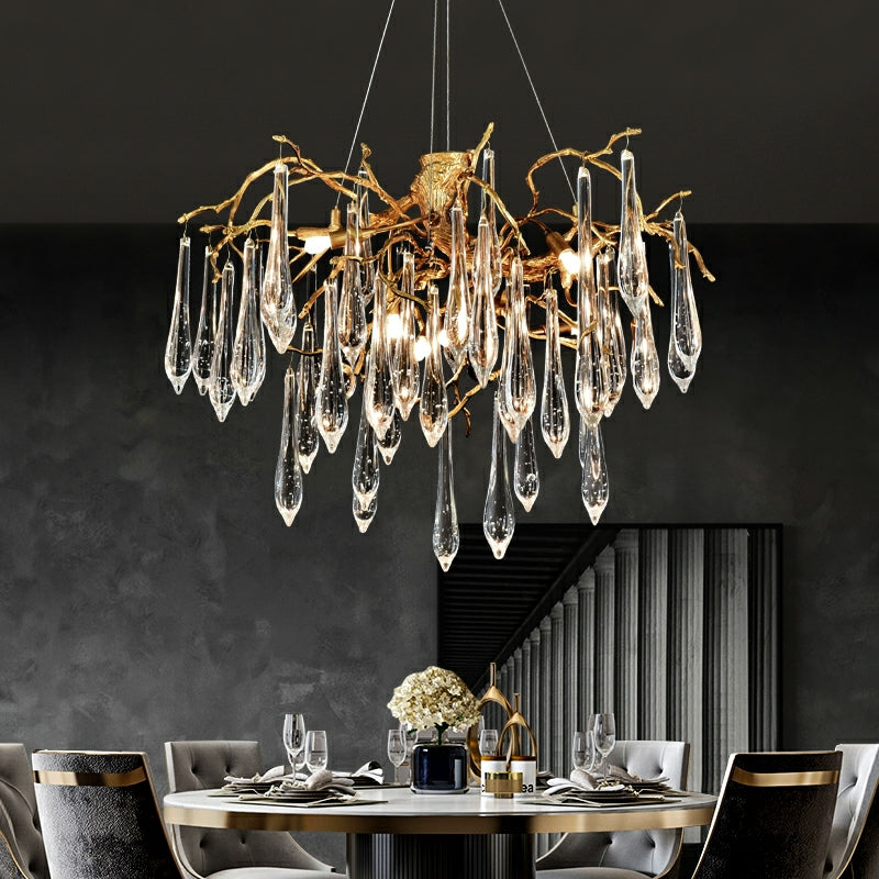 French Style Living Room Branch Crystal Drops Chandelier Modern Copper Gold Finish Dining Room Ceiling Lighting Fixture-MEET LIGHTING