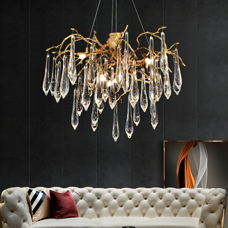 French Style Living Room Branch Crystal Drops Chandelier Modern Copper Gold Finish Dining Room Ceiling Lighting Fixture-MEET LIGHTING
