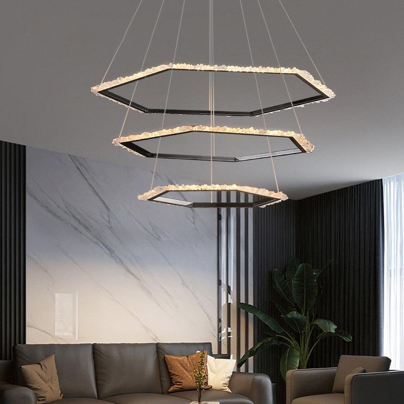 Gina Hexagonal Rock Crystal Black Ring Chandelier-MEET LIGHTING
