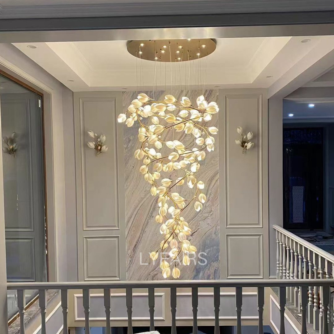 Spiral Pure White Magnolia Chandelier with Golden Branches for Staircase/High-ceiling Space/Foyer/ Duplex-MEET LIGHTING