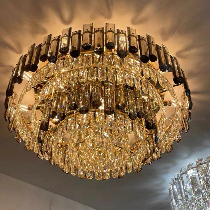 Smoke Gray Crystal Chandelier Flush Mounted Ceiling Light Fitxture Set for Dining Room/Living Room-MEET LIGHTING