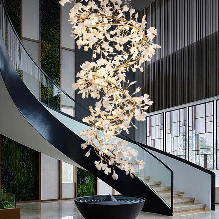 Luxury Ceramic Ginkgo Staircase Long Branch Chandelier-MEET LIGHTING