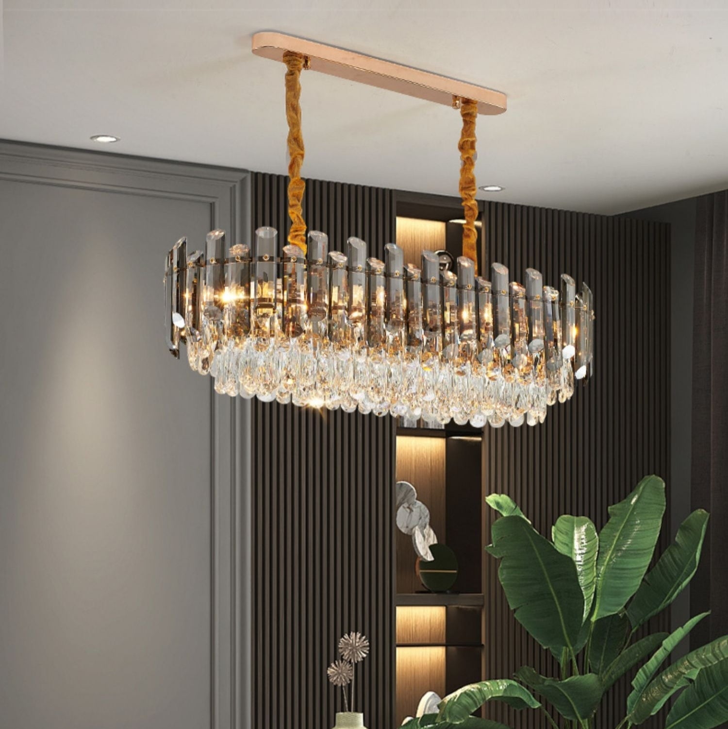 Smoke Gray Crystal Chandelier Flush Mounted Ceiling Light Fitxture Set for Dining Room/Living Room-MEET LIGHTING