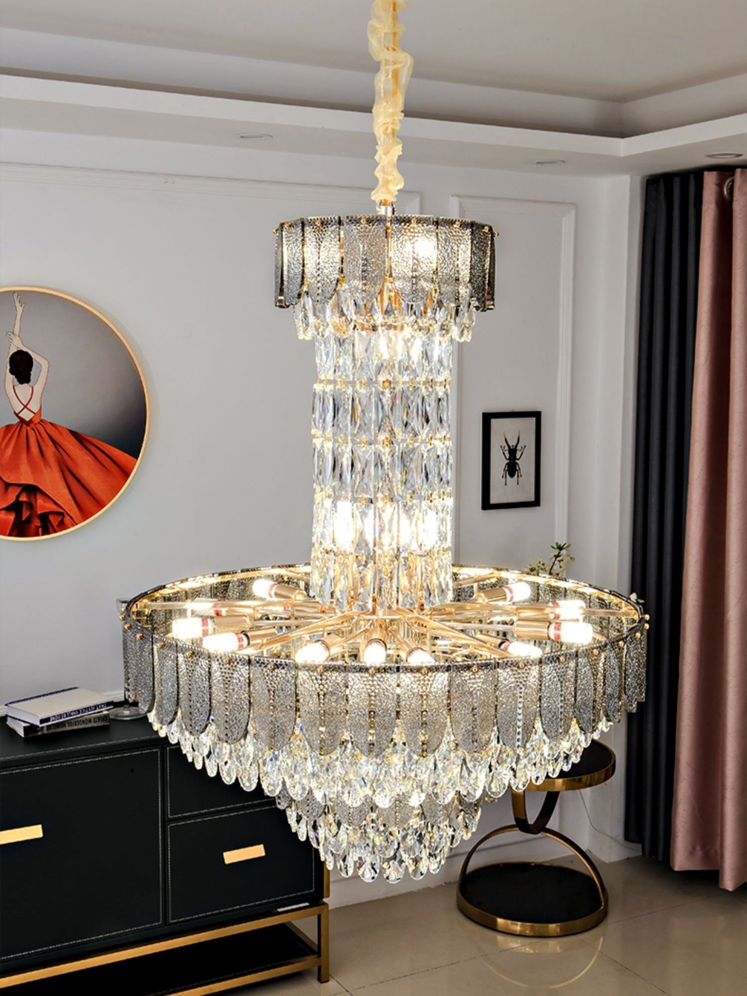 Restaurant/ Hotel Chandelier Foyer Duplex High Ceiling Light Fixture For Staircase/ Living Room In Gray/ Amber/ Blue Trimmed-MEET LIGHTING