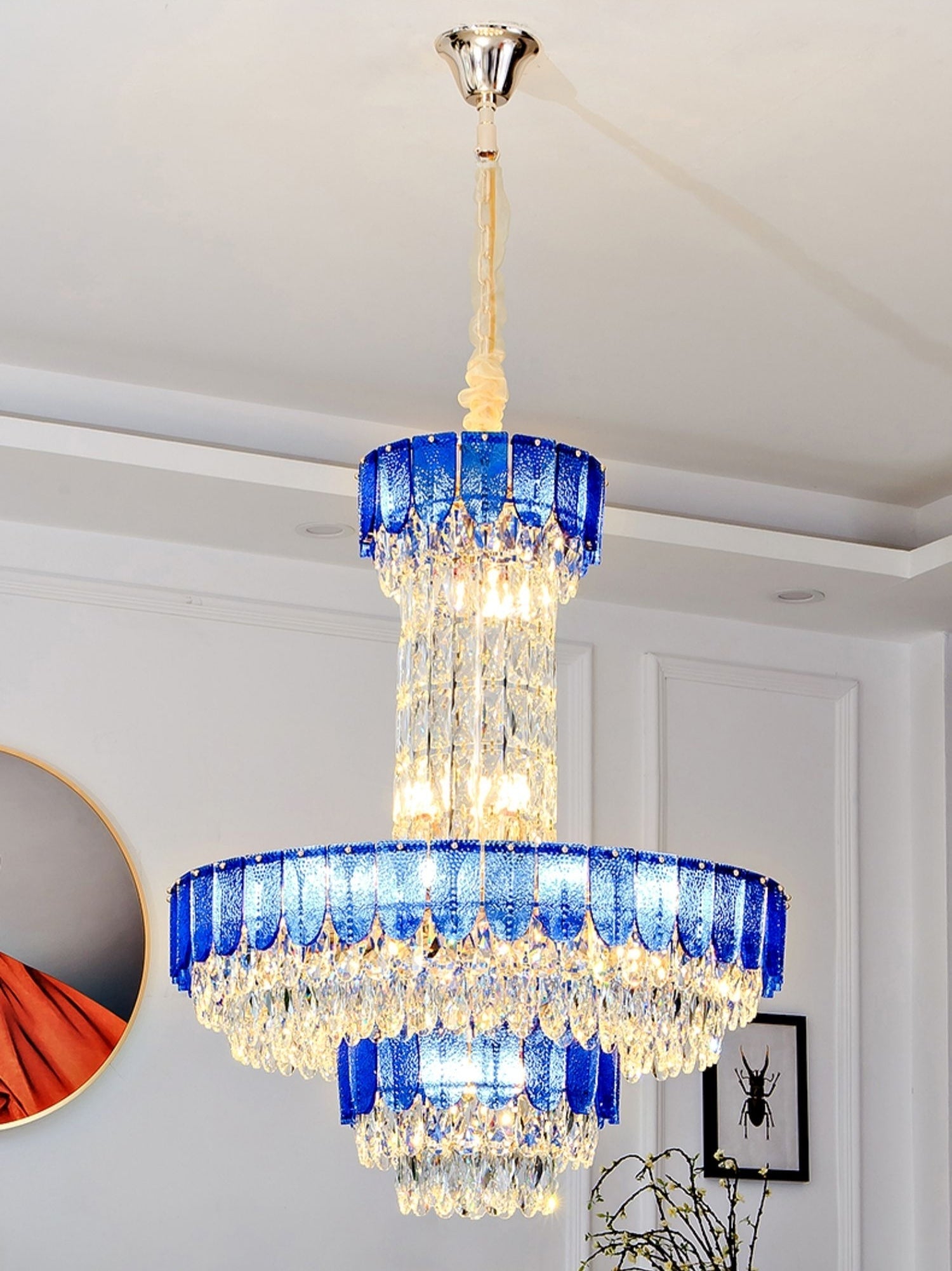 Restaurant/ Hotel Chandelier Foyer Duplex High Ceiling Light Fixture For Staircase/ Living Room In Gray/ Amber/ Blue Trimmed-MEET LIGHTING
