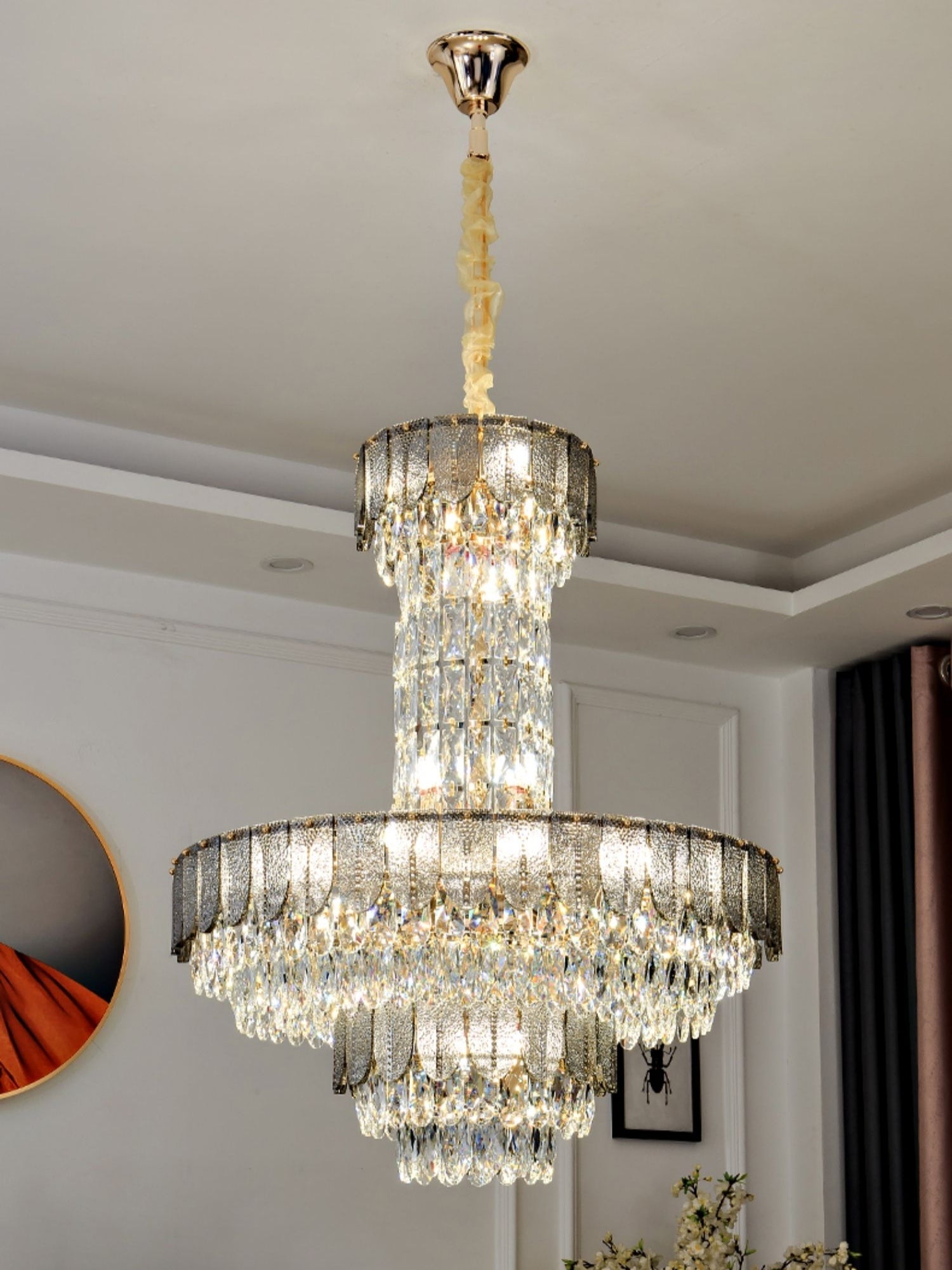 Restaurant/ Hotel Chandelier Foyer Duplex High Ceiling Light Fixture For Staircase/ Living Room In Gray/ Amber/ Blue Trimmed-MEET LIGHTING