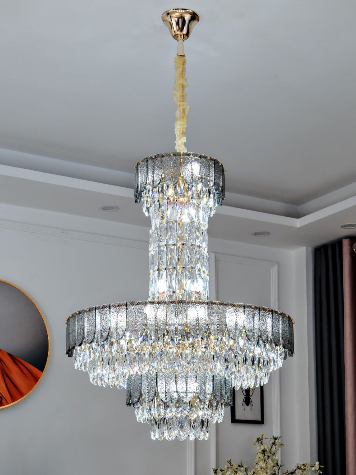 Restaurant/ Hotel Chandelier Foyer Duplex High Ceiling Light Fixture For Staircase/ Living Room In Gray/ Amber/ Blue Trimmed-MEET LIGHTING