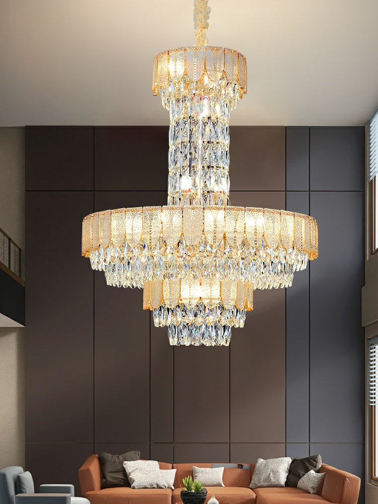 Restaurant/ Hotel Chandelier Foyer Duplex High Ceiling Light Fixture For Staircase/ Living Room In Gray/ Amber/ Blue Trimmed-MEET LIGHTING