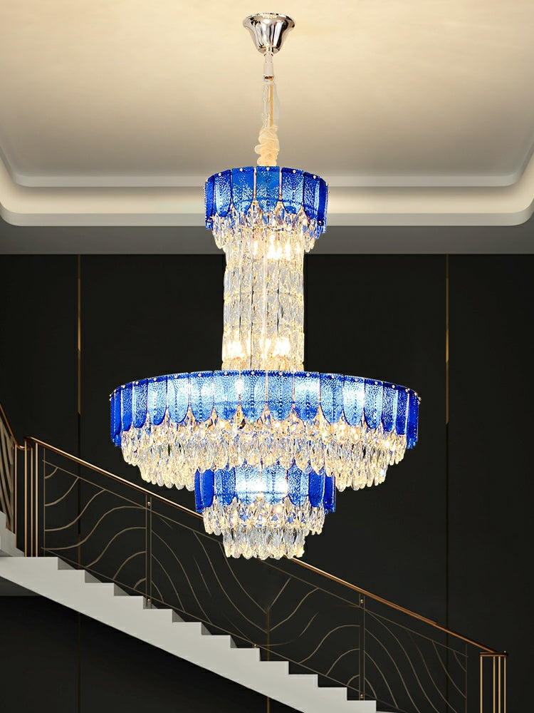 Restaurant/ Hotel Chandelier Foyer Duplex High Ceiling Light Fixture For Staircase/ Living Room In Gray/ Amber/ Blue Trimmed-MEET LIGHTING
