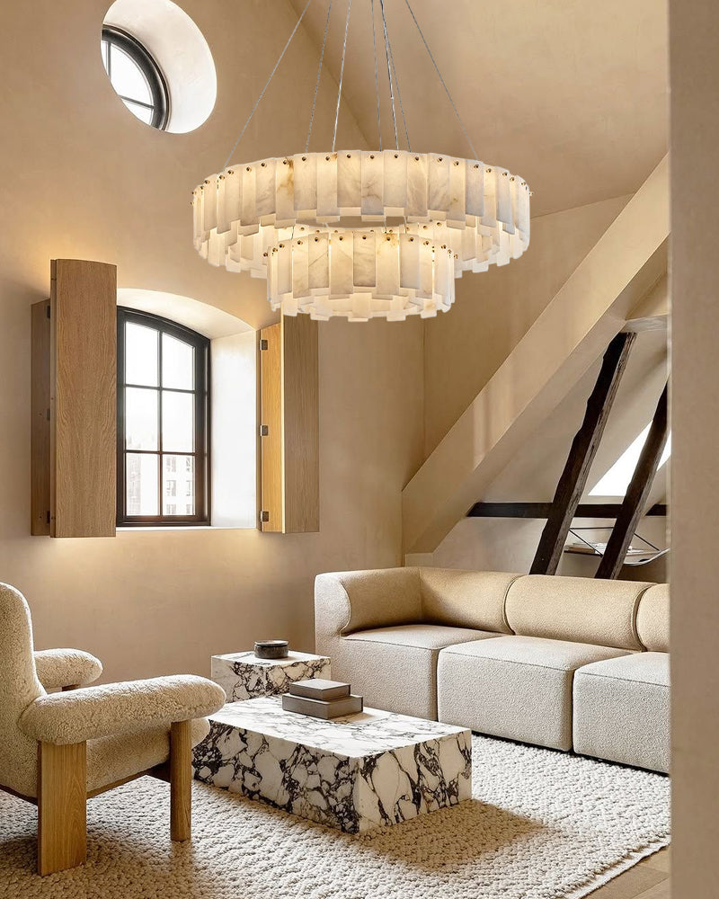 2-Tier Round Alabaster Chandelier in Brass with high ceiling home decor