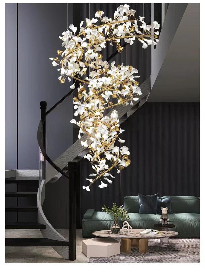 Modern Porcelain Linear Gold Ginkgo Chandelier For Living Room Dining Room-MEET LIGHTING